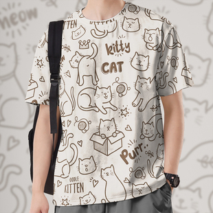 0015设 女装 无界 速干T恤男装 日系原宿风涂鸦猫咪玩耍趣味卡通大码