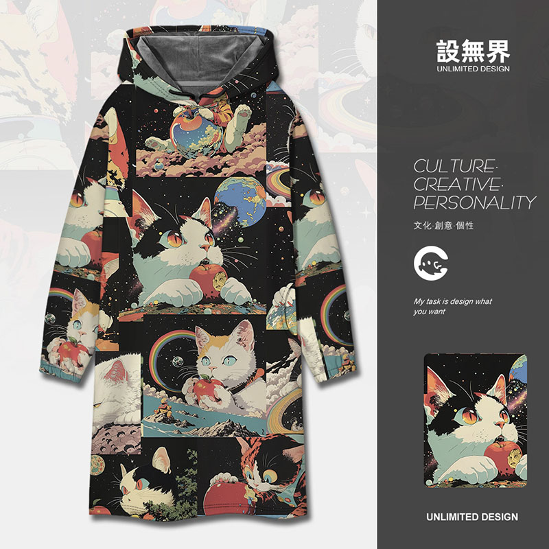 宇宙星河猫咪吃苹果拼接趣卫衣裙