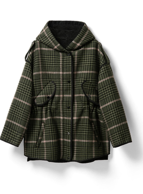 经典格子斗篷连帽短款毛呢外套 - YGAW102