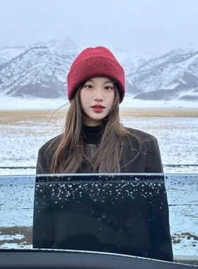 安可拉红色毛线帽子女冬季2024新款保暖加厚新年圣诞护耳针织帽子