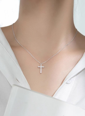 s925纯银镶钻十字架项链女轻奢小众气质锁骨链简约百搭吊坠潮