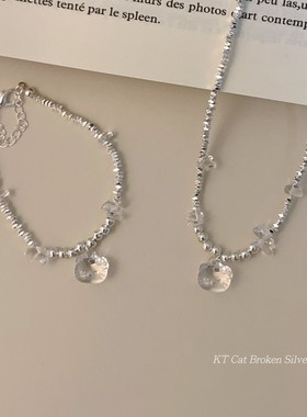 甜美风猫咪吊坠银珠项链女新款小众温柔气质项链可爱ins风锁骨链