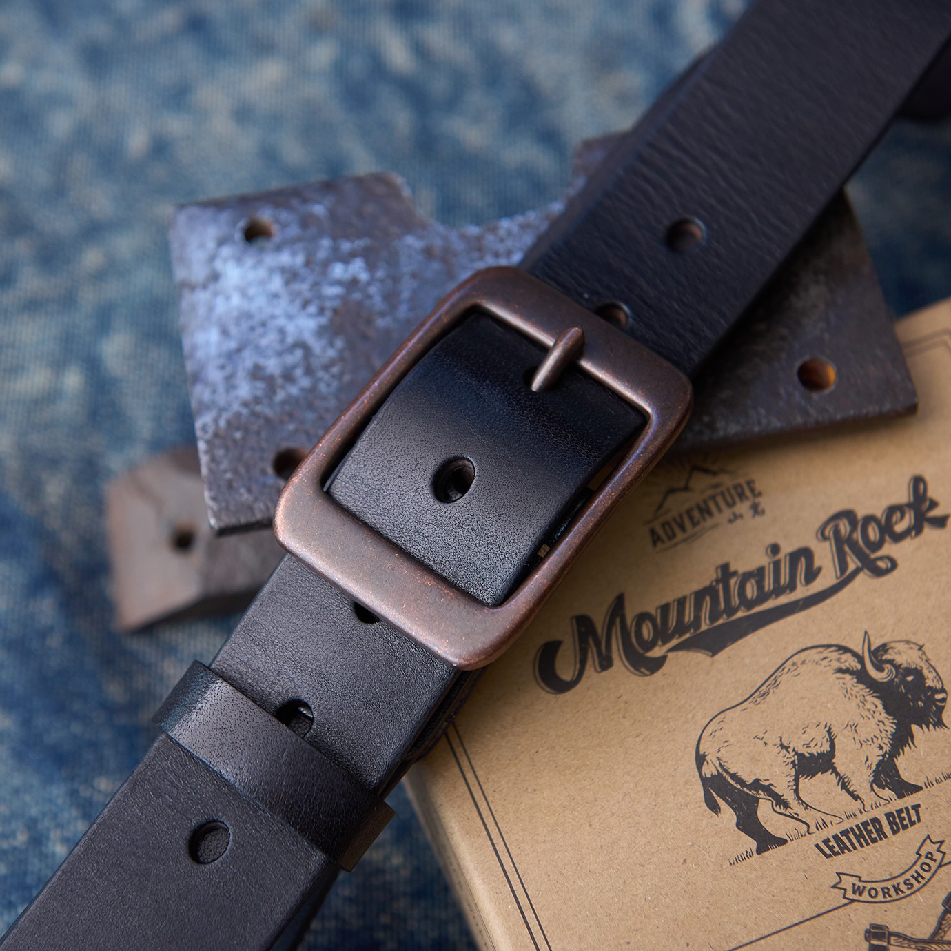 山岩 真皮男士腰带 3.8宽复古做旧紫铜扣头 休闲皮带简约日字扣