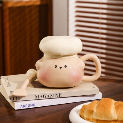 卡通陶瓷水杯可爱厨师帽马克杯带盖带勺创意女生礼物办公室高颜值