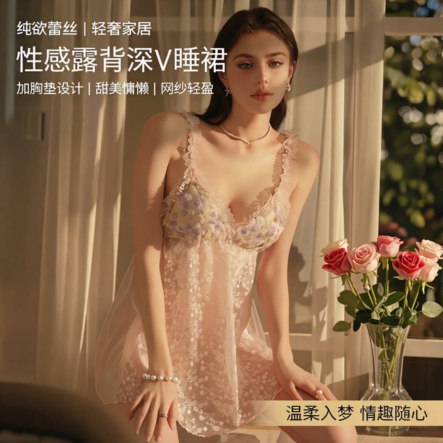 纯欲蕾丝深V露背带胸垫睡裙甜美