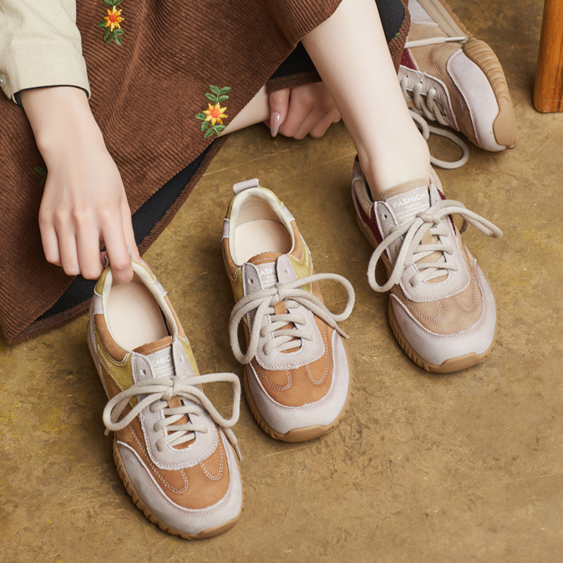 2025春季新款真皮圆头系带休闲平跟透气撞色阿甘鞋德训鞋