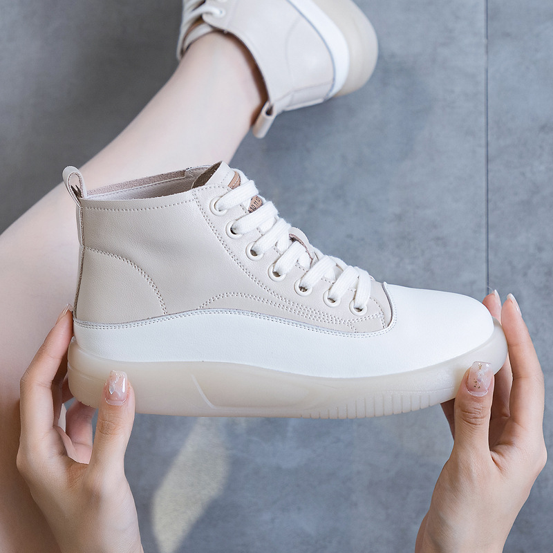 大码高帮单鞋软皮女平底鞋时尚系带休闲短靴2025秋款真皮小白鞋女