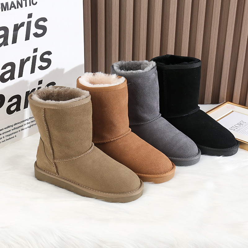 冬季新款皮毛一体雪地靴女中筒加绒加厚保暖防滑真皮东北棉鞋