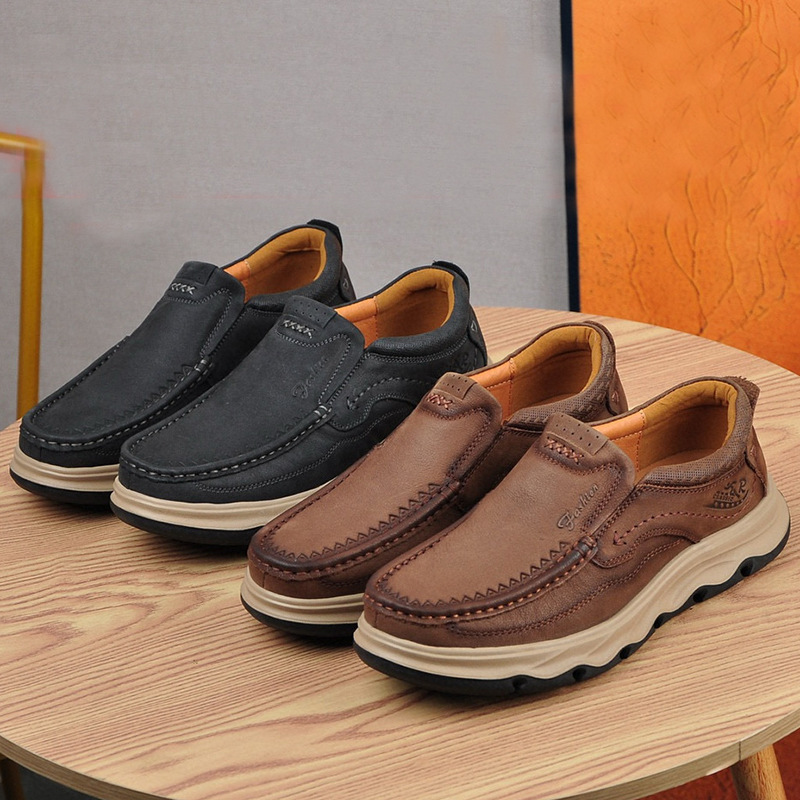 春秋季真皮软底套脚皮鞋防滑轻质厚底一脚蹬男士简约商务休闲单鞋