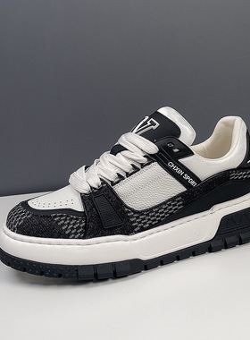 2025年春季新款厚底板鞋男士真皮休闲鞋子男款潮鞋百搭拼色男装鞋