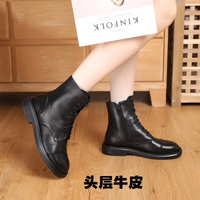 真皮马丁靴女秋冬季新款软底头层牛皮鞋系带侧拉链休闲高帮短靴潮