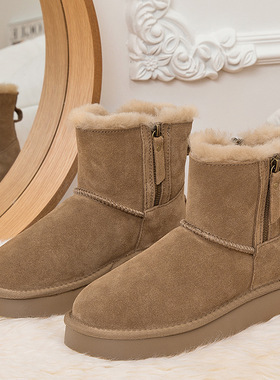 ce羊皮毛一体休闲百搭拉链雪地靴女冬季2024新款加绒加厚东北防滑
