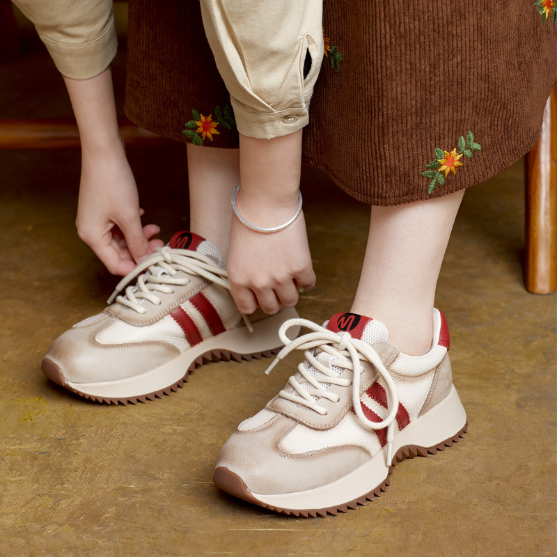 2025春季新款真皮圆头系带阿甘鞋撞色单鞋女德训鞋时尚厚底休闲鞋