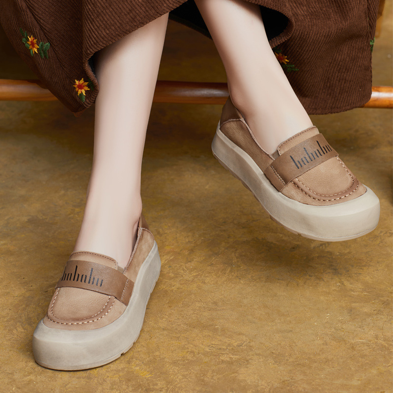 2025春季新款英伦风真皮手工圆头套脚平跟单鞋软底休闲鞋