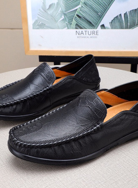 外贸男鞋软皮豆豆鞋软底中年爸爸鞋透气真皮套脚轻便舒适休闲皮鞋