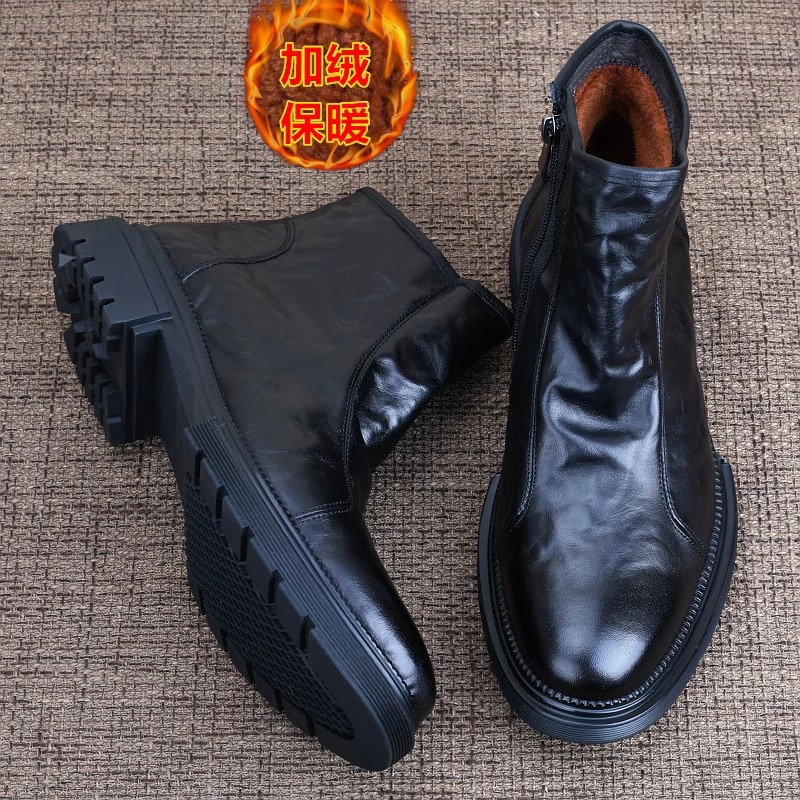 真皮马丁靴男秋季全牛皮皮靴冬款加绒保暖商务休闲侧拉链高帮皮鞋