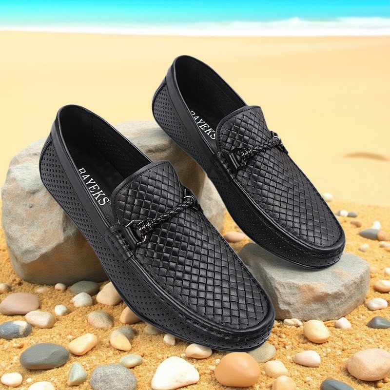 镂空透气豆豆鞋2025夏季新款编织压纹舒适真皮男士休闲鞋厂家