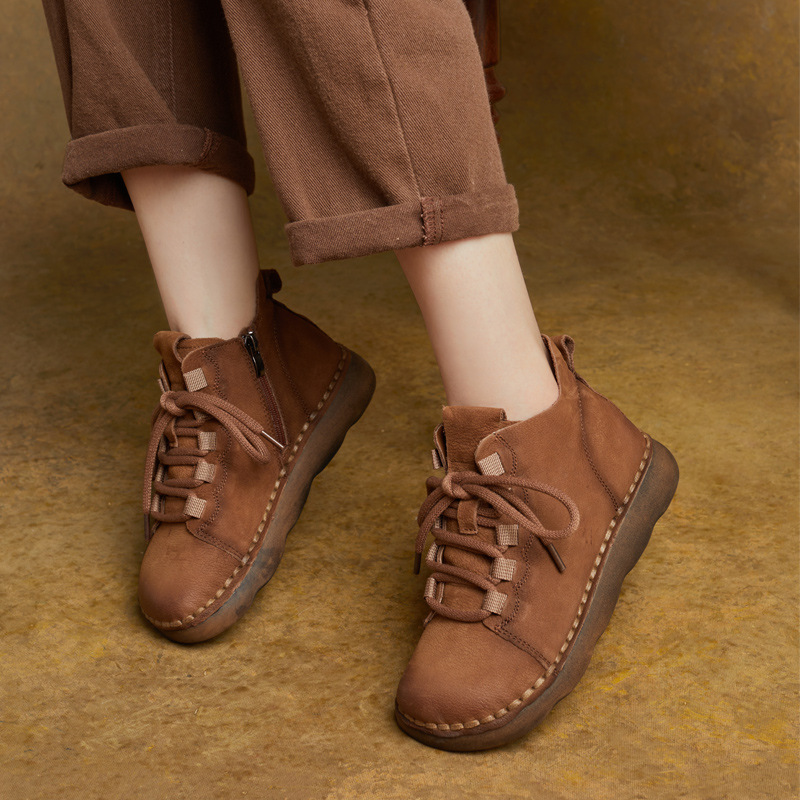 2025秋冬新款复古真皮圆头平跟马丁靴短靴高帮鞋单靴软底休闲