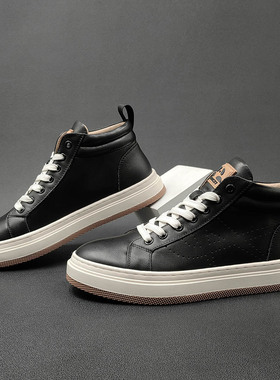 真皮板鞋男款潮流百搭休闲鞋子欧洲站男鞋男士轻奢高端秋冬高帮鞋