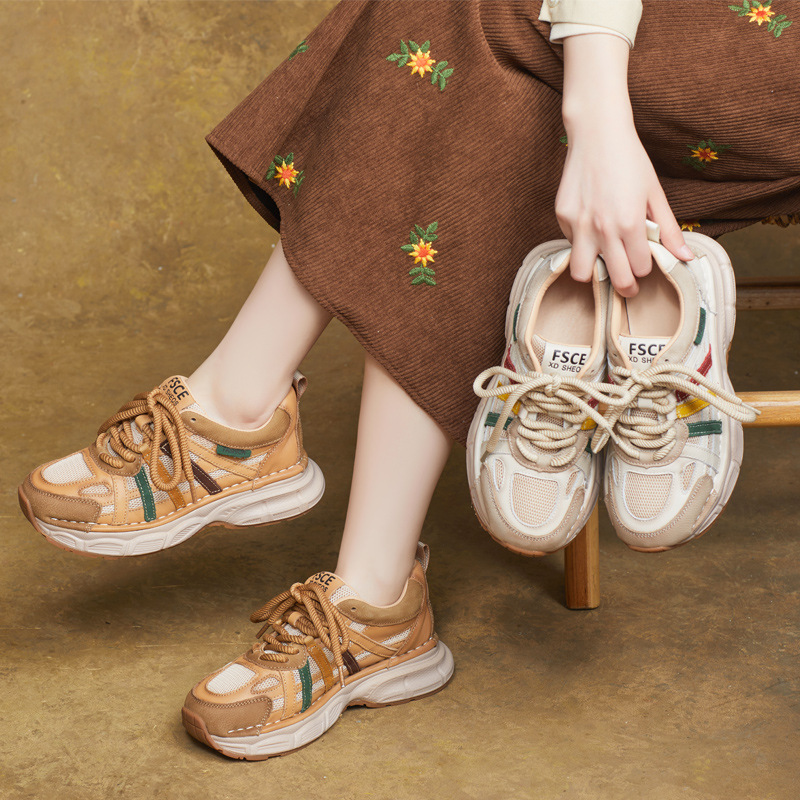 2025春季新款真皮圆头系带平跟休闲平跟透气撞色阿甘鞋老爹鞋