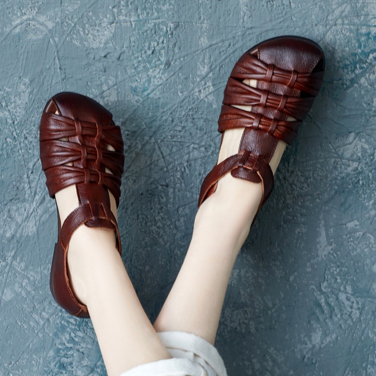 2025夏季款英伦风牛皮圆头手工编织镂空软底女鞋轻便休闲镂空