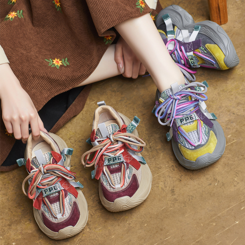 2025春季新款真皮圆头英伦风双色系带时尚厚底休闲轻便老爹鞋