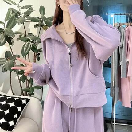 纯棉连帽卫衣运动套装女秋冬加绒加厚学生韩版宽松显瘦休闲两件套