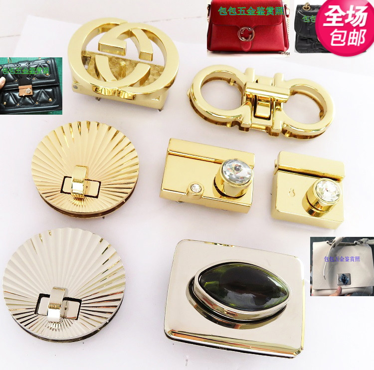 新款翻盖活页锁条纹圆盘点钻扣女箱包五金配件拧锁按钮锁扣金银色