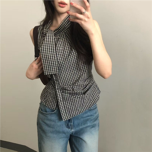 WITHMIN 背心女2025新款夏季外穿格子别致修身显瘦上衣无袖女衣服