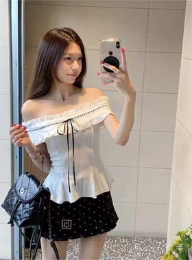 法式套装设计感白色一字肩短袖T恤女装夏季波点包臀半身裙两件套