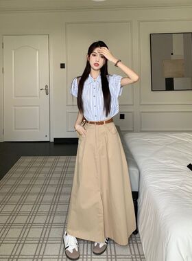 蓝色条纹衬衫短袖女夏套装长裙工装卡其色半身裙两件套裙子