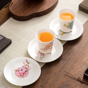德化玉白瓷茶杯托垫防烫茶道配件家居用茶楼桃花国风圆小碟子精致