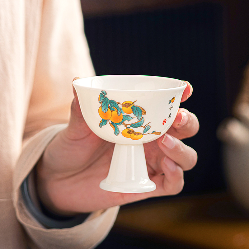 功夫茶杯羊脂玉防烫柿柿如意