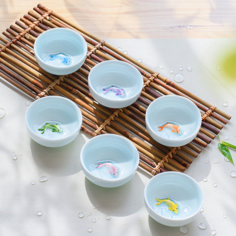 青瓷家用鲤鱼立体彩色小鱼功夫茶杯茶具陶瓷小杯子鱼杯茶碗单只装,餐饮具,茶杯,淘宝优惠券,粉丝福利购,淘宝优惠卷