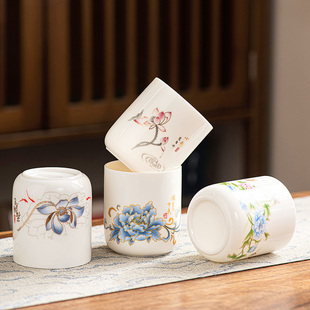 羊脂玉白瓷大号容量主人手握杯直筒杯会客茶水杯国潮山水江山杯子