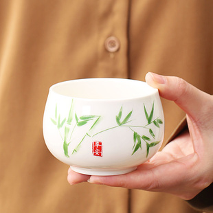 绿竹子品茗羊脂玉白瓷茶杯主人杯大号主人茶盏国风小清新文创送礼