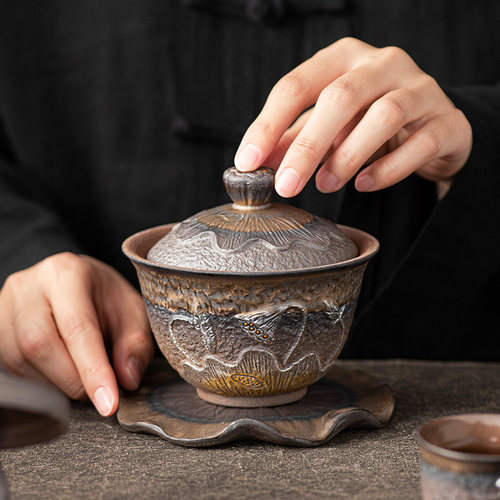 陶瓷鎏金荷花家用复古三才盖碗