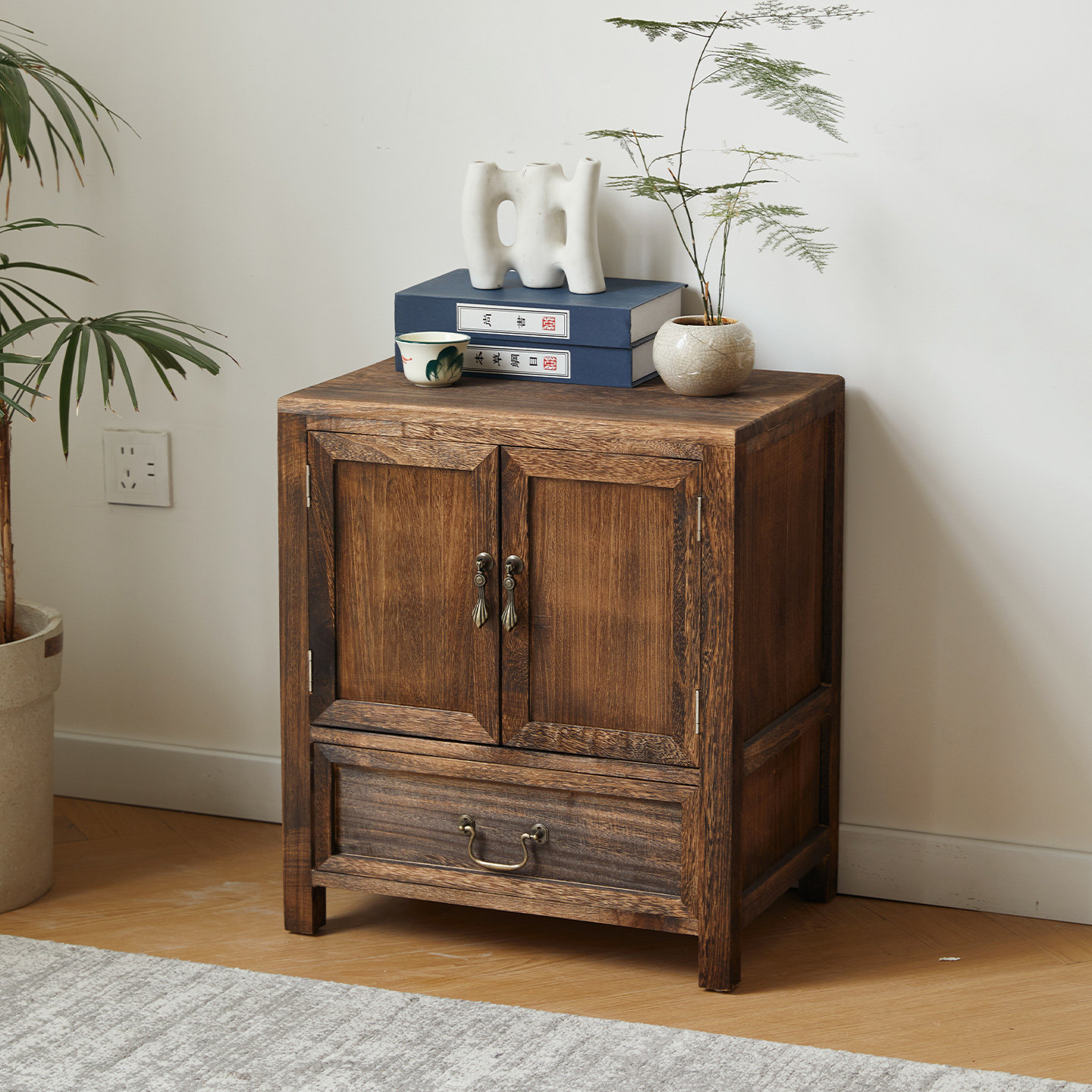 实木边几角几储物柜复古做旧双门收纳柜客厅家用小柜子茶室茶水柜