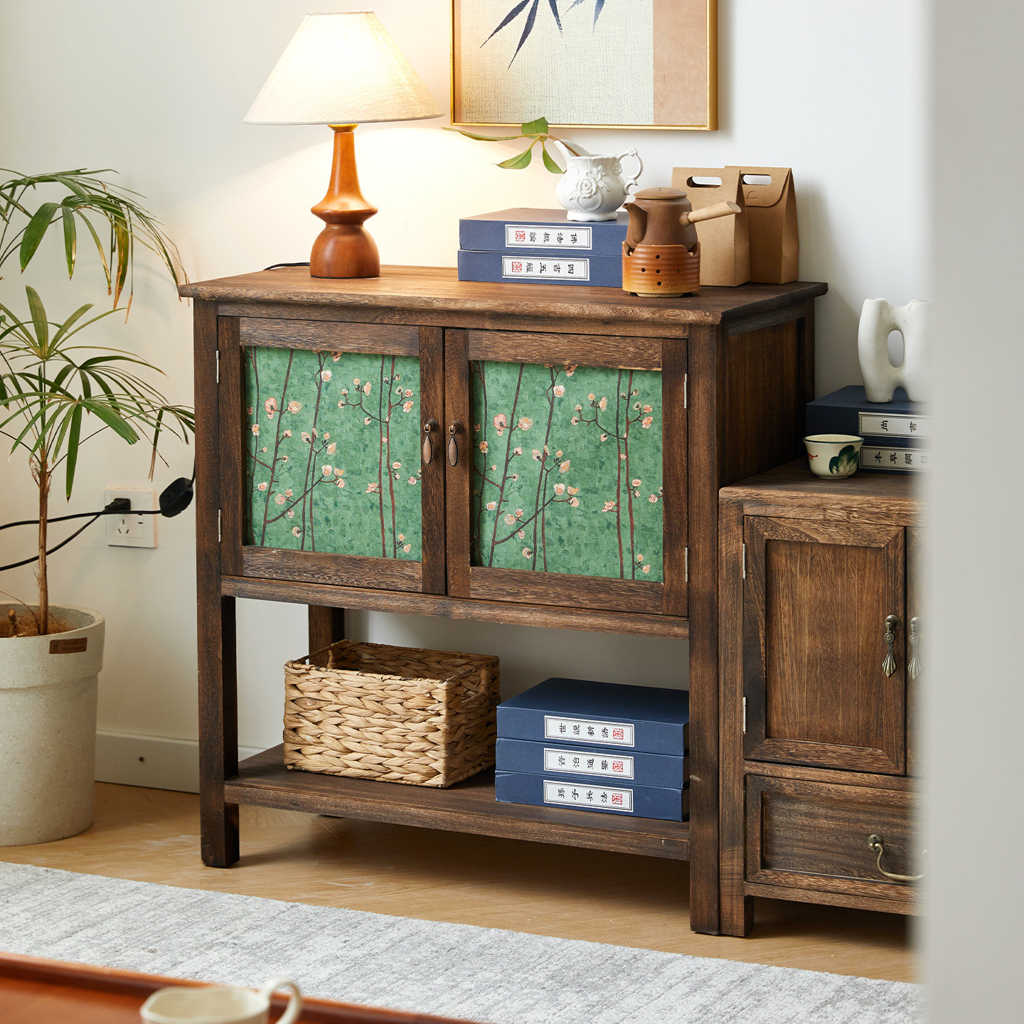 中古风餐边柜实木花卉彩色收纳柜复古做旧靠墙茶水柜双门仿古柜子,住宅家具,餐边柜,淘宝优惠券,粉丝福利购,淘宝优惠卷