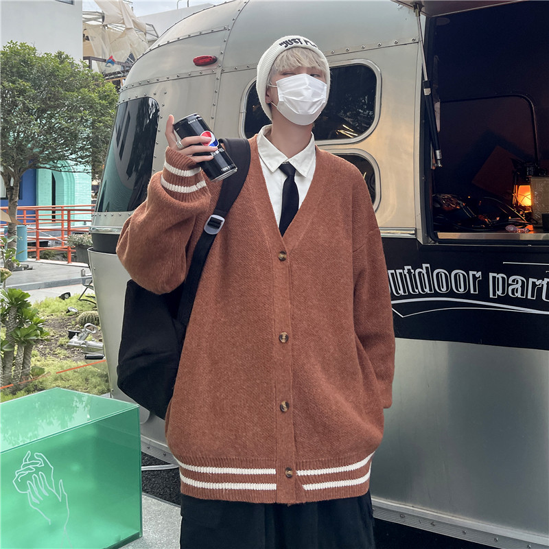 抖音复古日系慵懒V领针织衫外套男女宽松休闲毛衣MY2201p50,男装针织衫/毛衣,电商D315