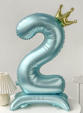 蓝色站立皇冠数字气球珠光蓝色宝宝主题生日拍照男孩女孩周岁装饰