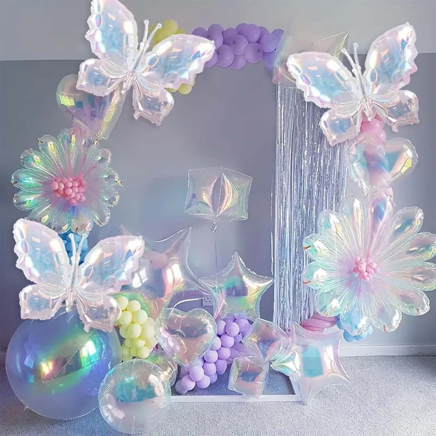 透明炫彩蝴蝶气球幻彩五角星爱心4D球爆炸星生日装饰背景铝膜气球