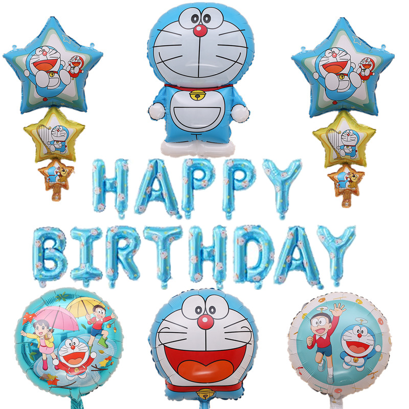 生日气球机器猫儿童派对布置装饰