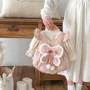 三小朵2361秋冬季新款加绒夹棉哈衣婴儿连体衣女宝宝百天周岁