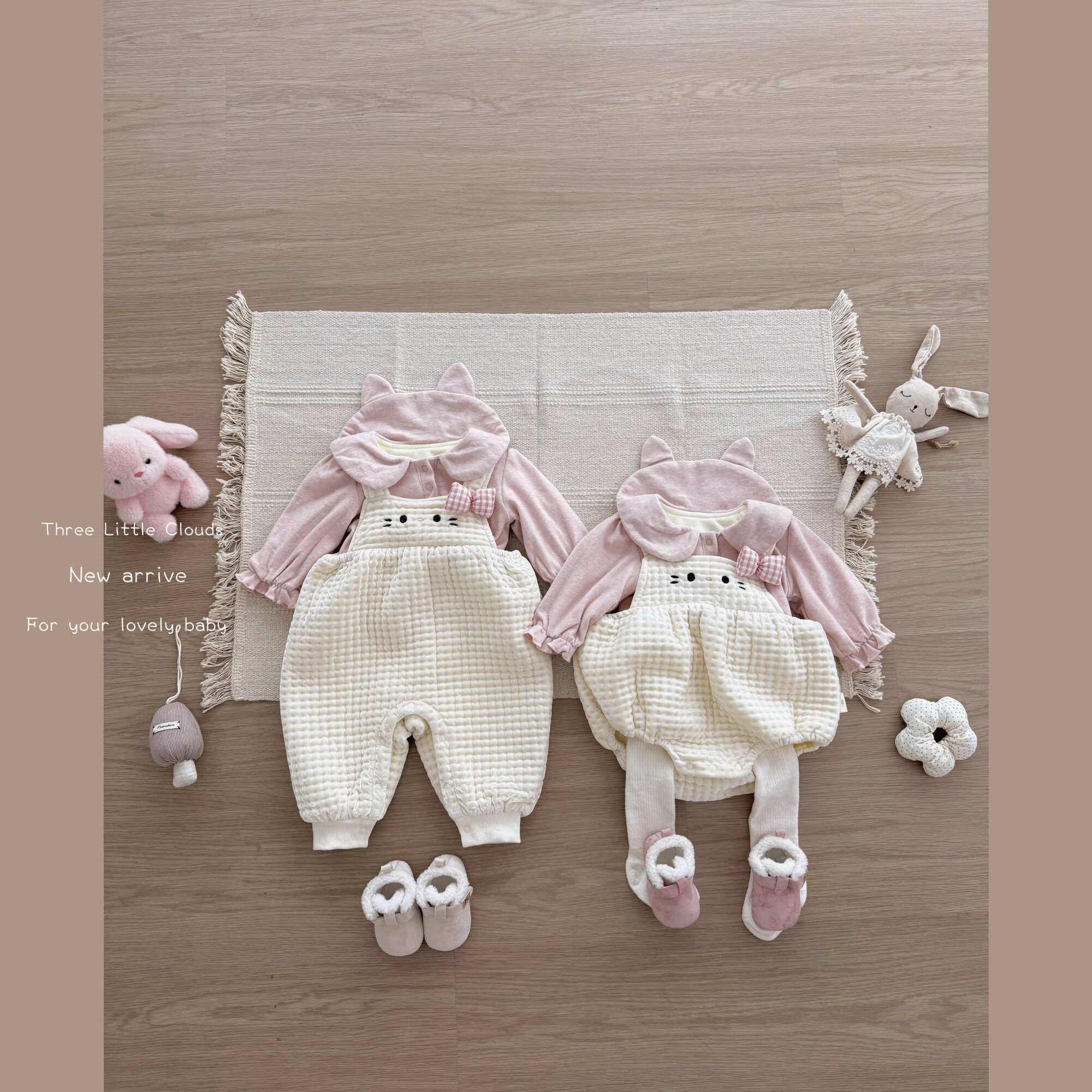 三小朵2804【粉红小咪】秋冬婴幼儿舒适可爱加绒夹棉打底+包屁套