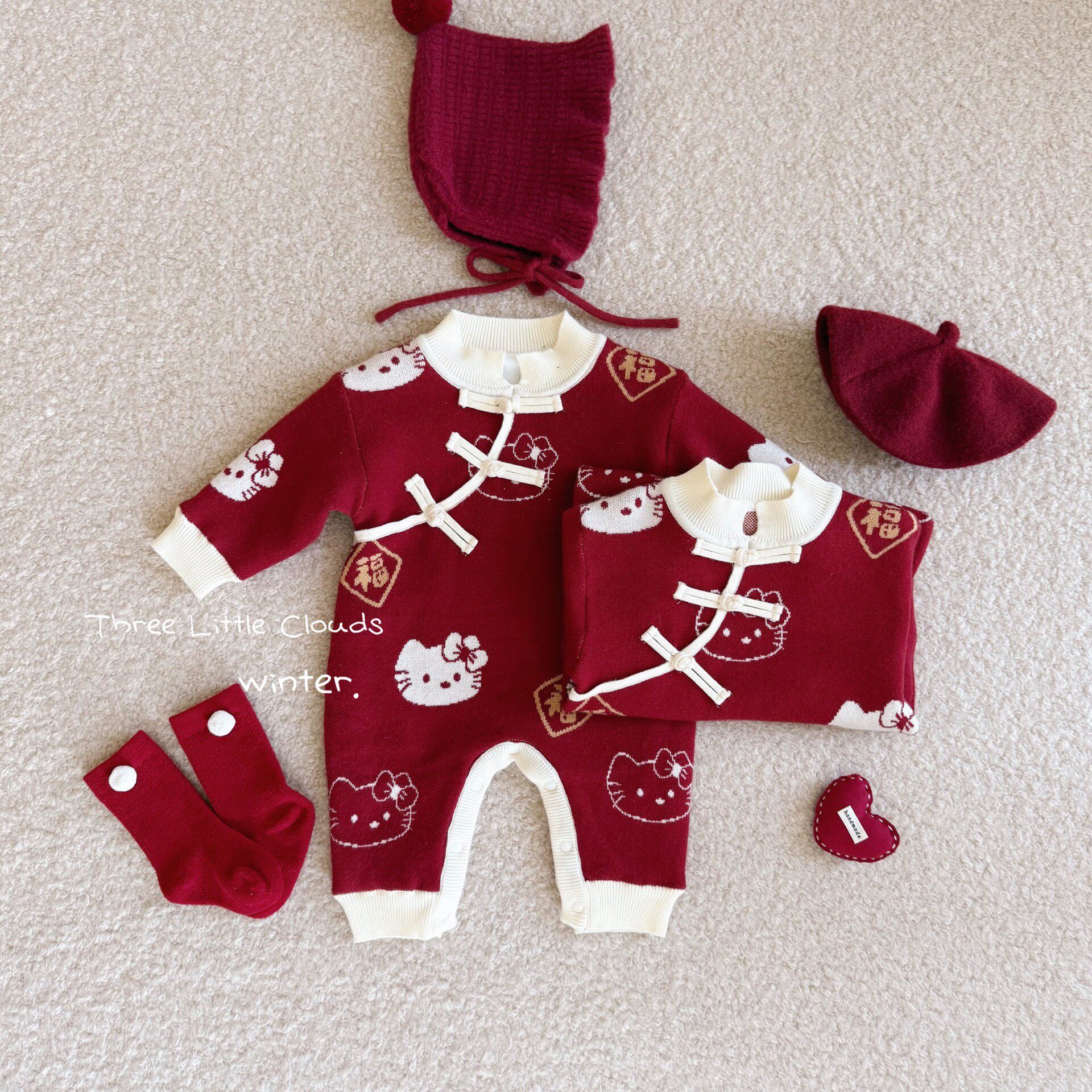 婴幼儿女童宝宝加绒新年猫咪新中式盘扣爬服可爱针织爬服连体衣