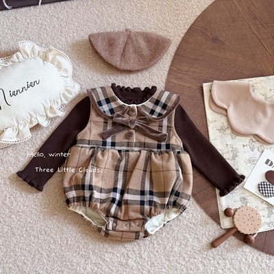 三小朵2959【玛奇朵】女宝加绒加厚韩系时髦格子加绒加厚毛呢哈衣