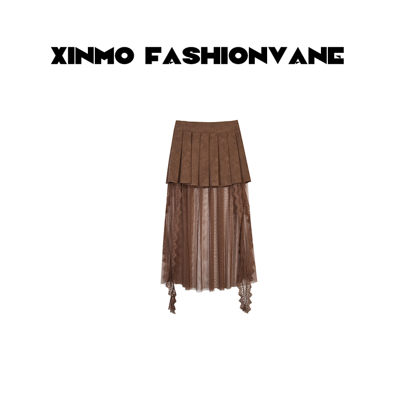 【XINMO买手店】百搭麂皮高腰百褶纱裙女中长款半身裙C10102502