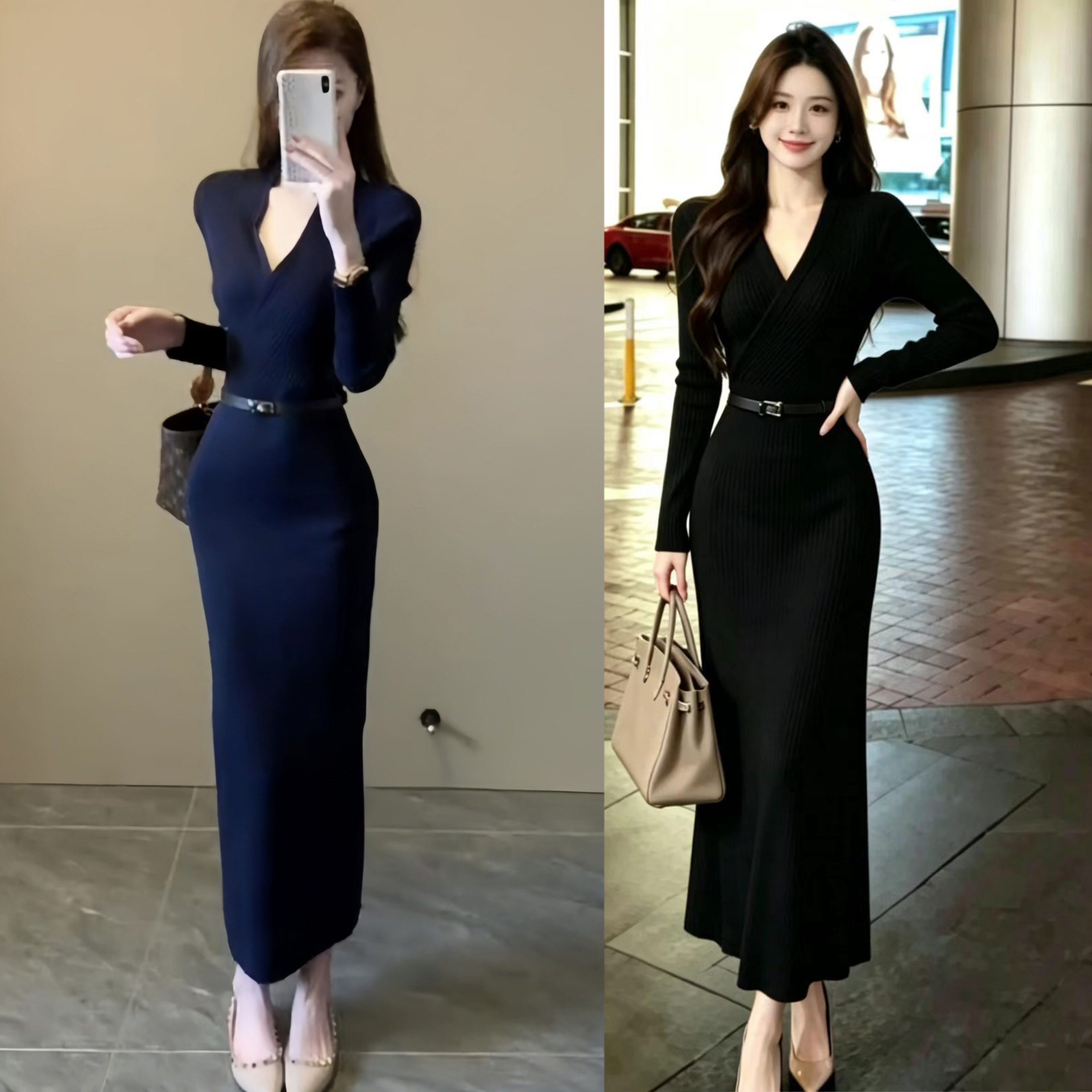 御姐风V领超好看长袖针织连衣裙女秋冬气质修身内搭打底包臀长裙