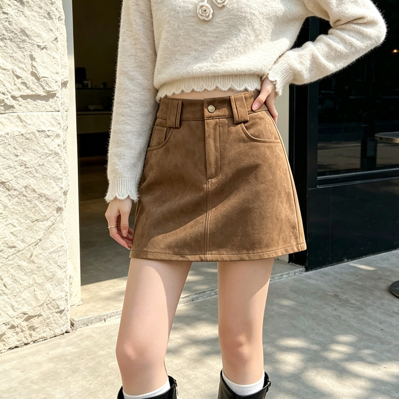 实拍美拉德麂皮绒短裙女秋冬高腰A字工装半身裙显瘦防走光包臀裙
